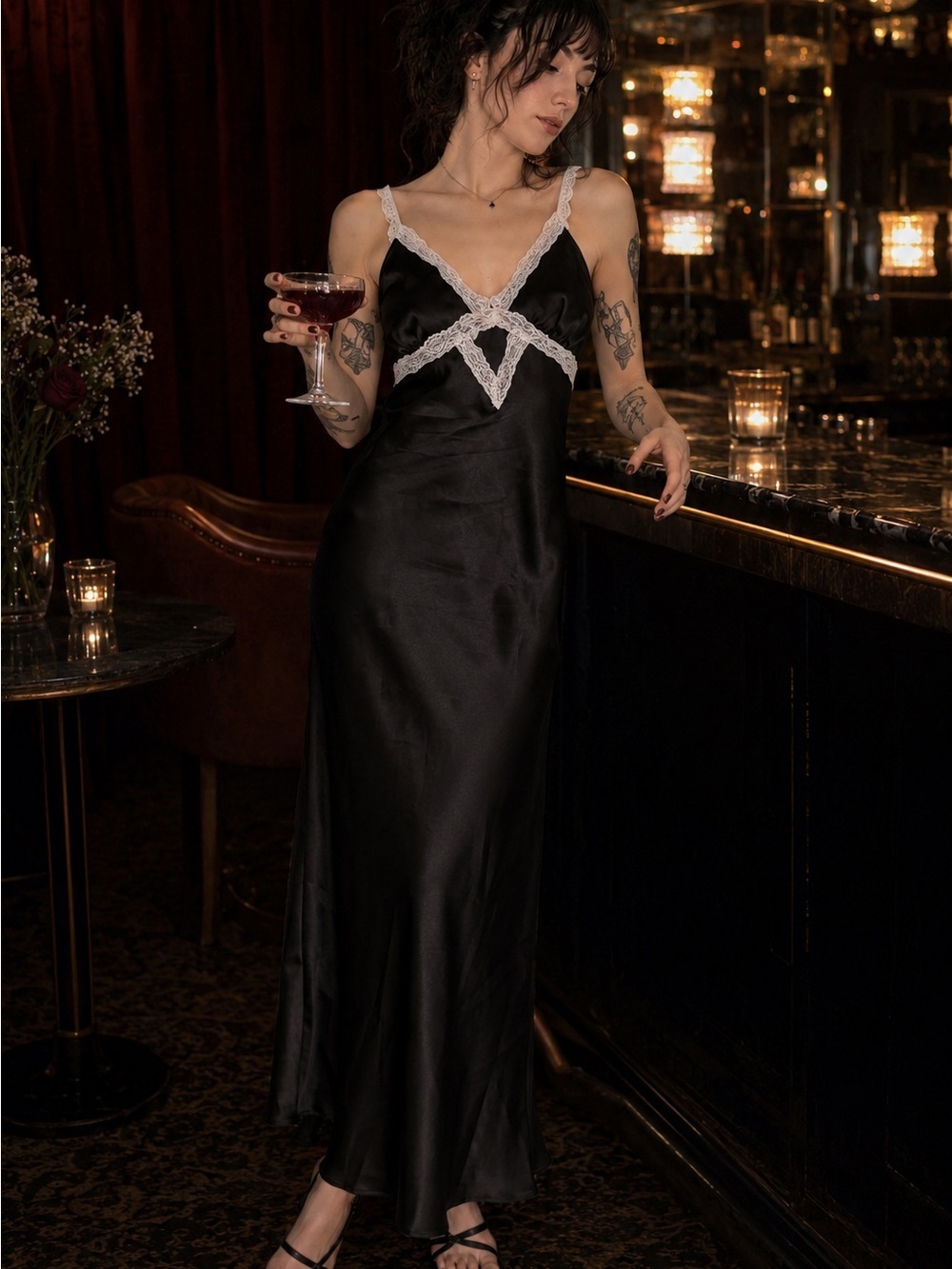 Black Satin Lace Slip Dress Maxi Midi Goth Romantic Y2K